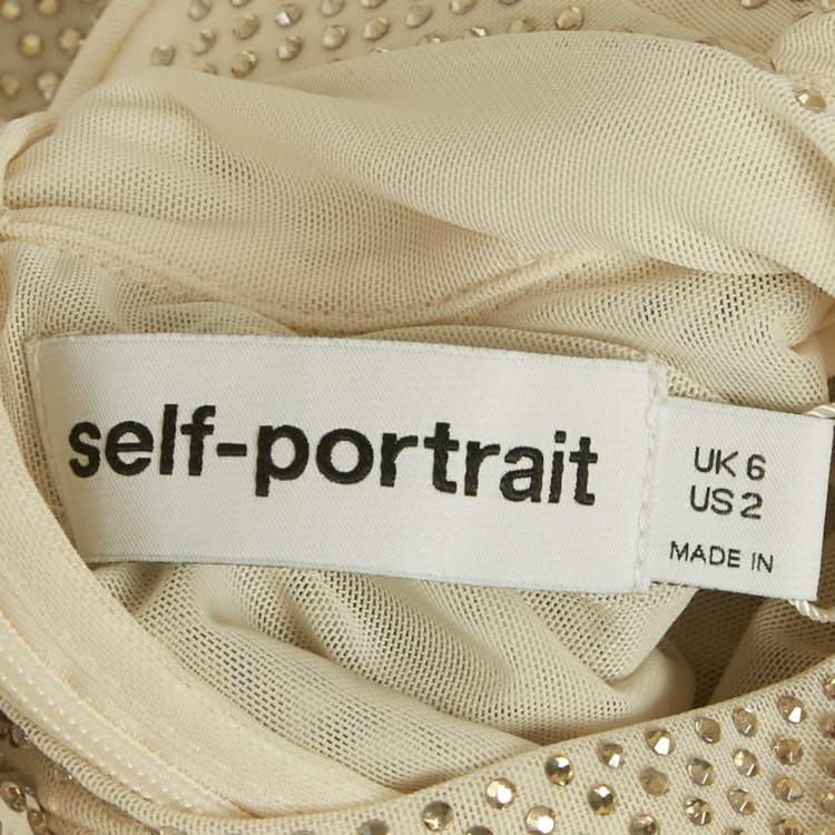 Pre Owned Self-Portrait Beige Rhinestone Embellished Mesh Top S 