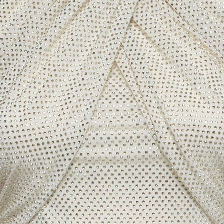 Pre Owned Self-Portrait Beige Rhinestone Embellished Mesh Top S 