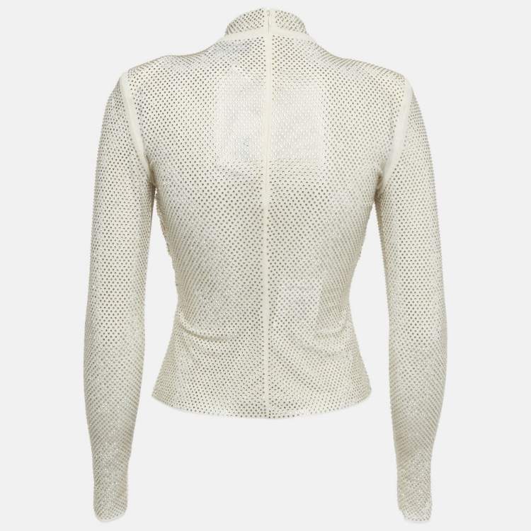 Pre Owned Self-Portrait Beige Rhinestone Embellished Mesh Top S 
