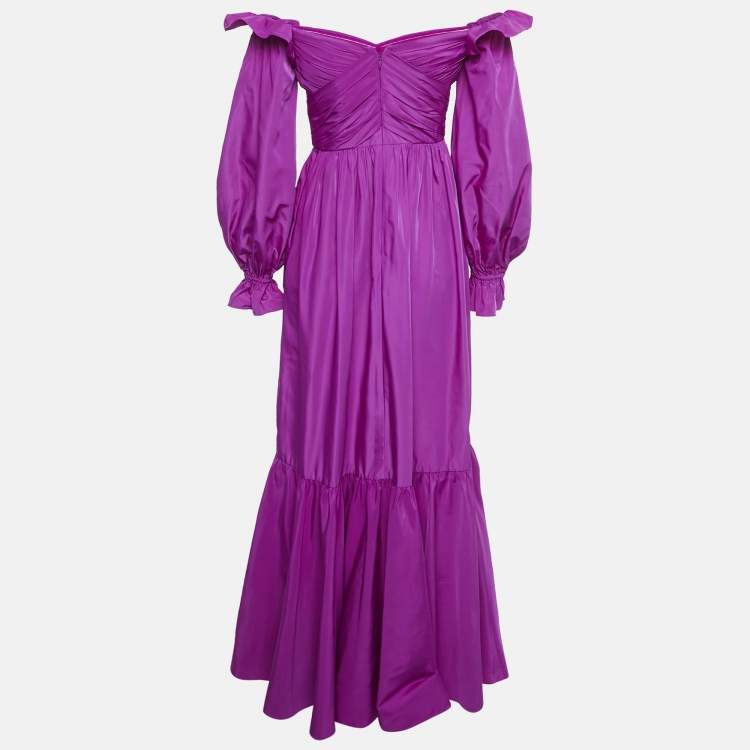 Pre Owned Self-Portrait Purple Taffeta Off Shoulder Frill Detail Maxi Dress S 