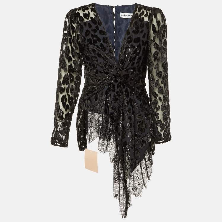 Pre Owned Self-Portrait Black Lurex Devore Twisted Peplum Top M