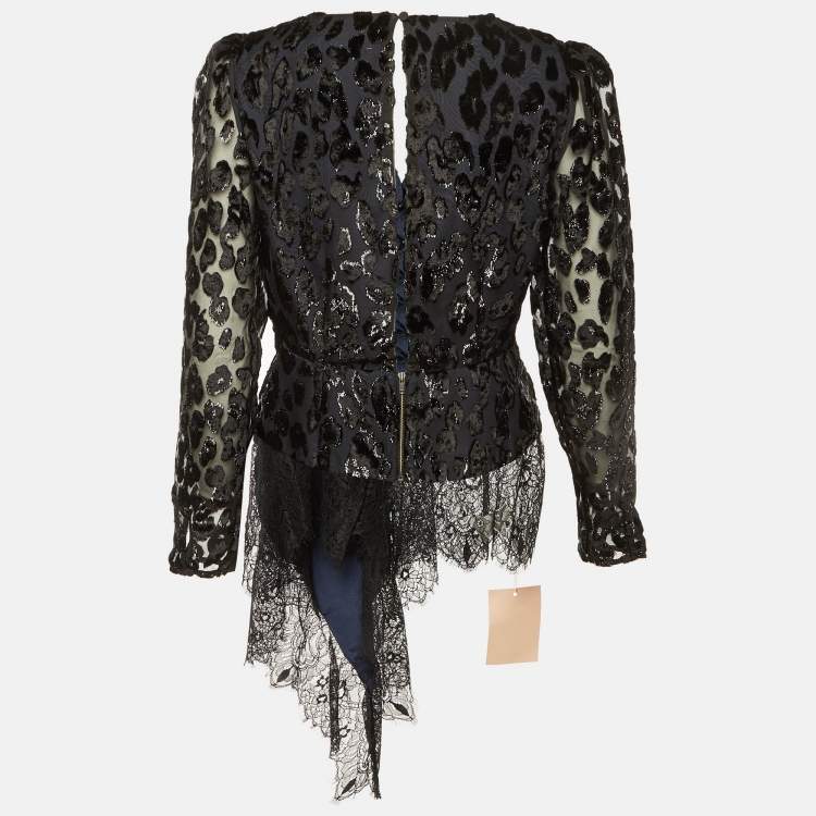 Pre Owned Self-Portrait Black Lurex Devore Twisted Peplum Top M