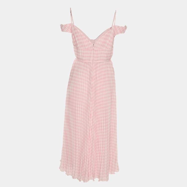 Pre Owned Self-Portrait Pink Gingham Print Chiffon Pleated Midi Dress M