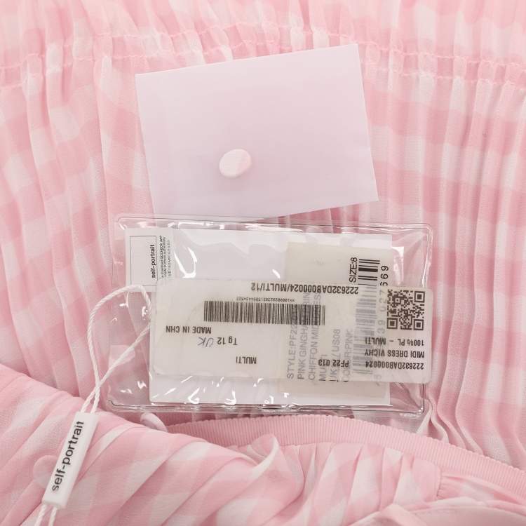 Pre Owned Self-Portrait Pink Gingham Print Chiffon Pleated Midi Dress M