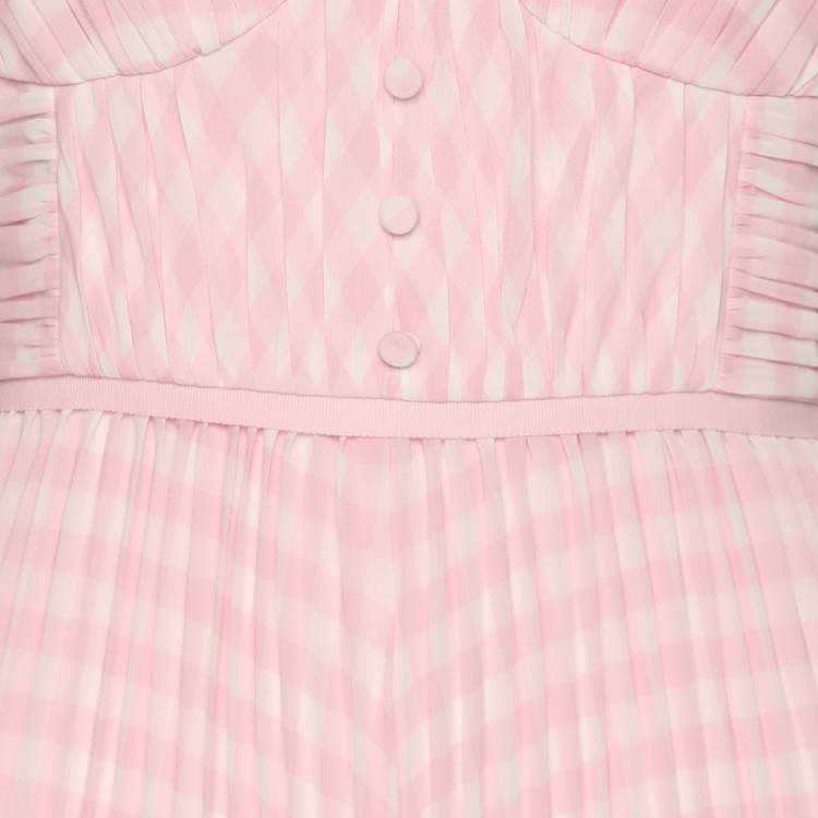Pre Owned Self-Portrait Pink Gingham Print Chiffon Pleated Midi Dress M
