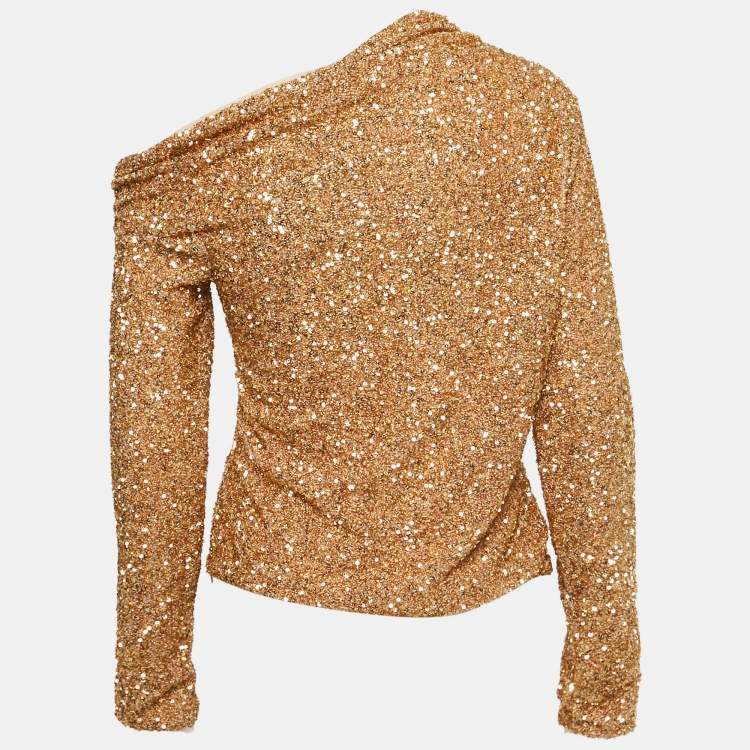 Pre Owned Self-Portrait Gold Sequin Asymmetric Top M