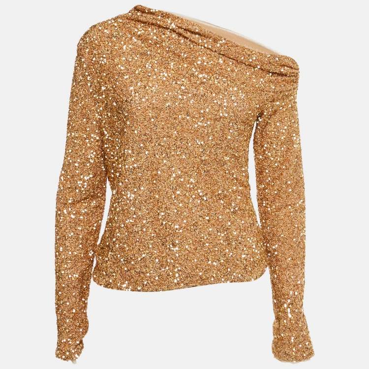 Pre Owned Self-Portrait Gold Sequin Asymmetric Top M