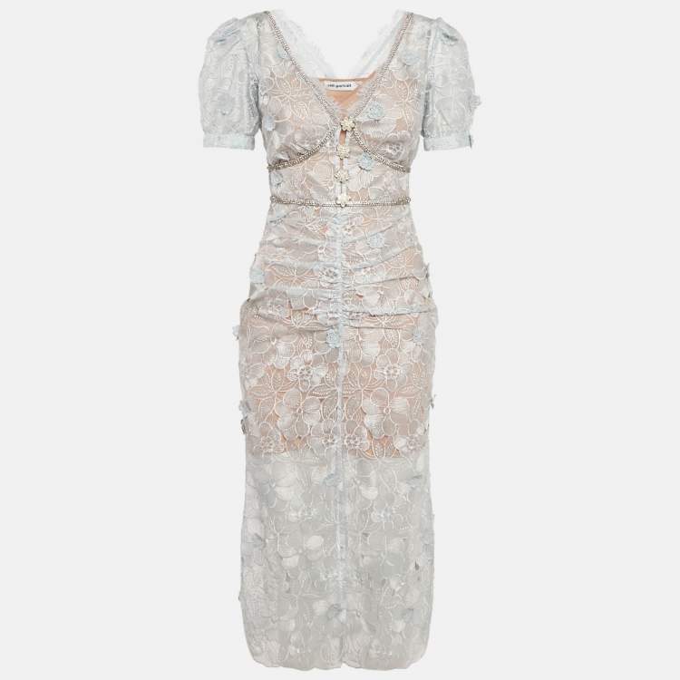 Pre Owned Self-Portrait Sea Blue Lace Ruched Midi Dress S