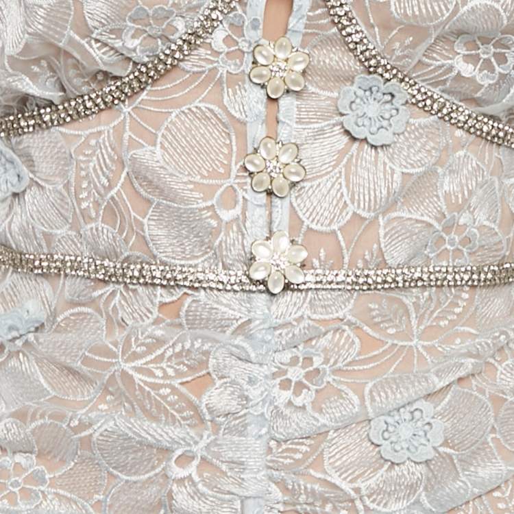 Pre Owned Self-Portrait Sea Blue Lace Ruched Midi Dress S