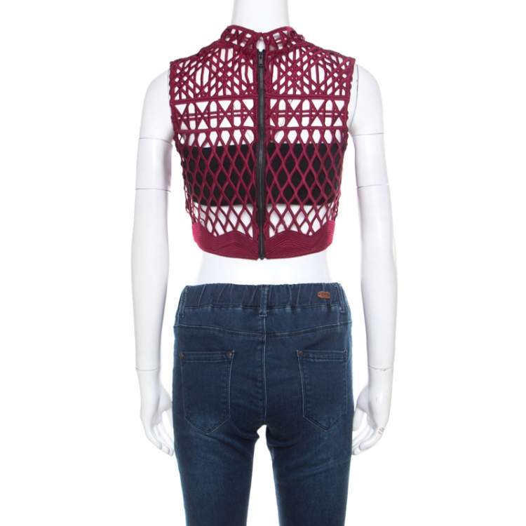 Pre Owned Self Portrait Burgundy Cutout Lace Sleeveless Crop Top S