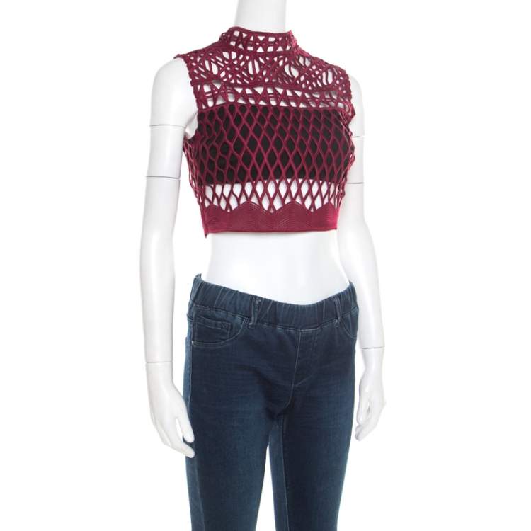 Pre Owned Self Portrait Burgundy Cutout Lace Sleeveless Crop Top S