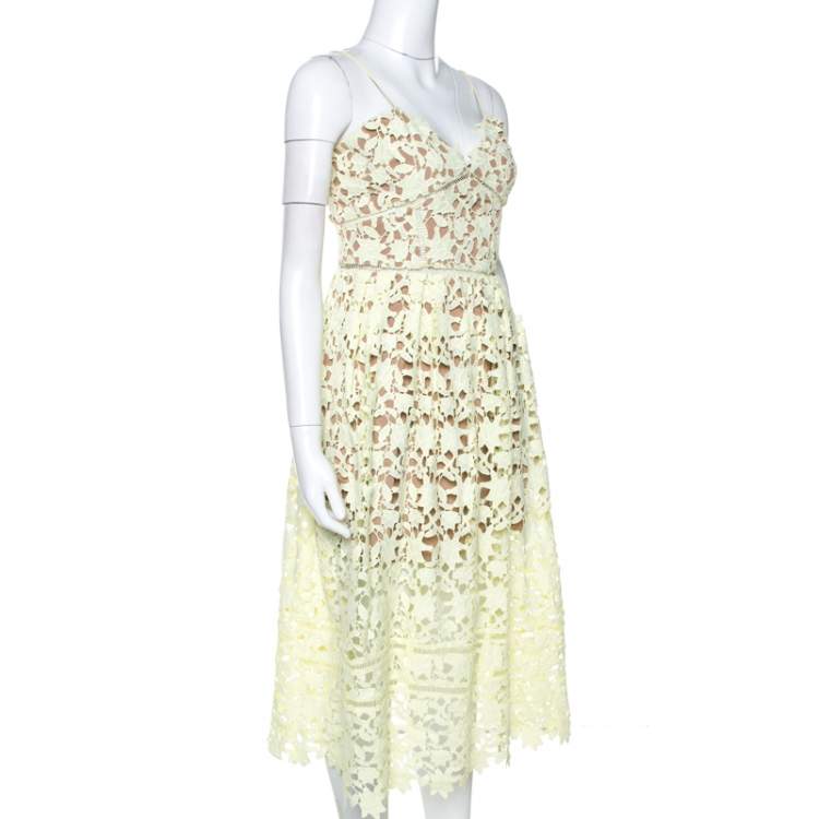 Pre Owned Self Portrait Pale Yellow Floral Guipure Lace Azaelea Midi Dress L