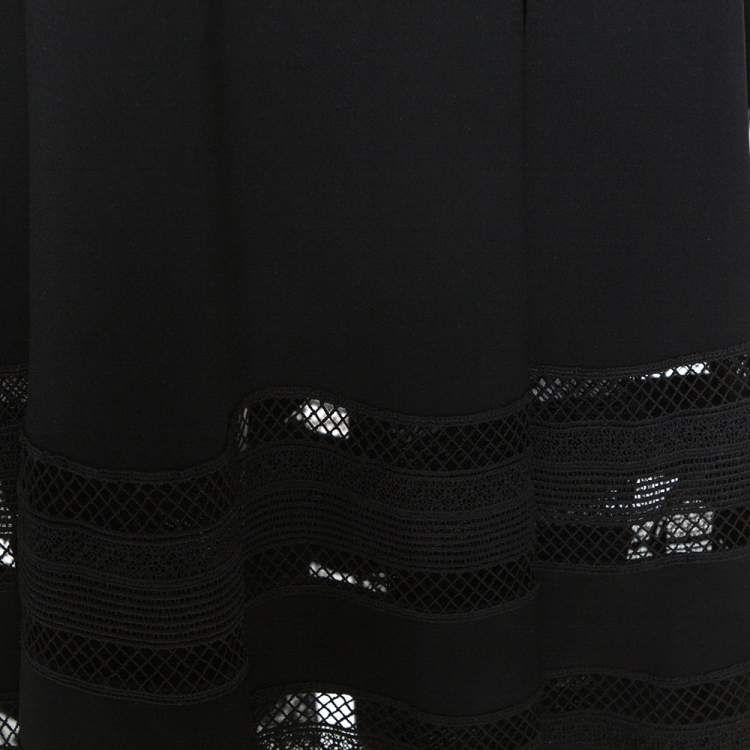 Pre Owned Self Portrait Black Cady Lace Trim Draped Shoulder Midi Dress L