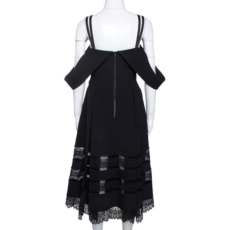 Pre Owned Self Portrait Black Cady Lace Trim Draped Shoulder Midi Dress L