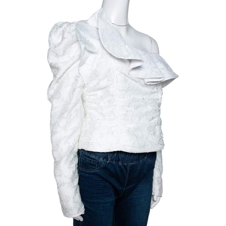 Pre Owned Self Portrait White Fil Coupe Ruffled One Shoulder Top M