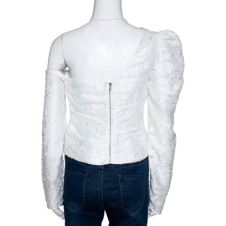 Pre Owned Self Portrait White Fil Coupe Ruffled One Shoulder Top M