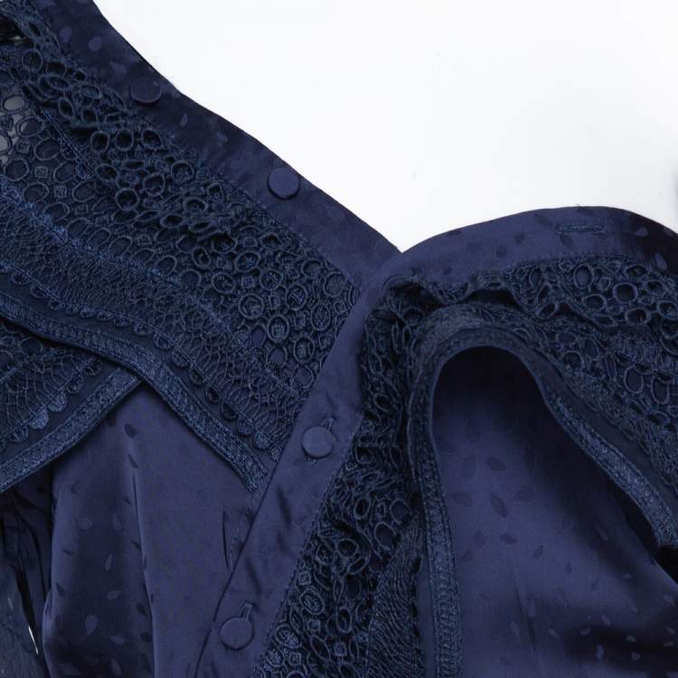 Pre Owned Self Portrait Navy Blue Lace Frilled One Shoulder Midi Dress L