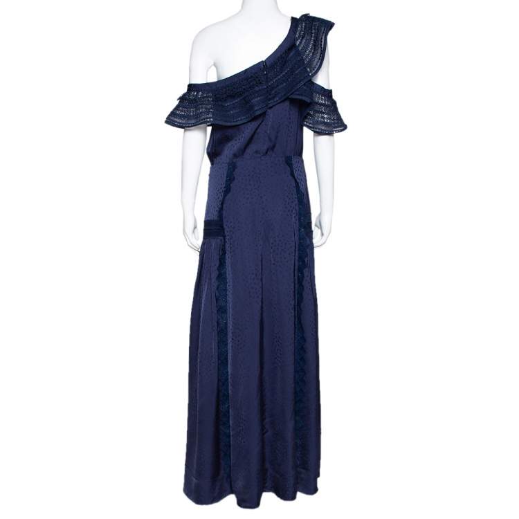 Pre Owned Self Portrait Navy Blue Lace Frilled One Shoulder Midi Dress L