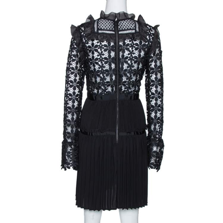 Pre Owned Self Portrait Black Guipure Lace & Organza Trim Pleated Adeline Dress M