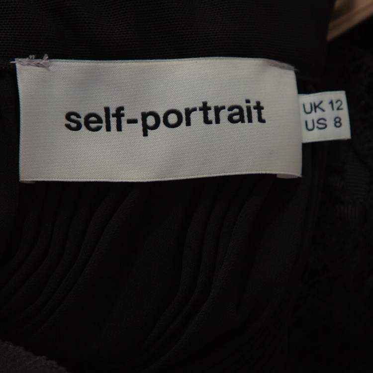 Pre Owned Self Portrait Black Guipure Lace & Organza Trim Pleated Adeline Dress M