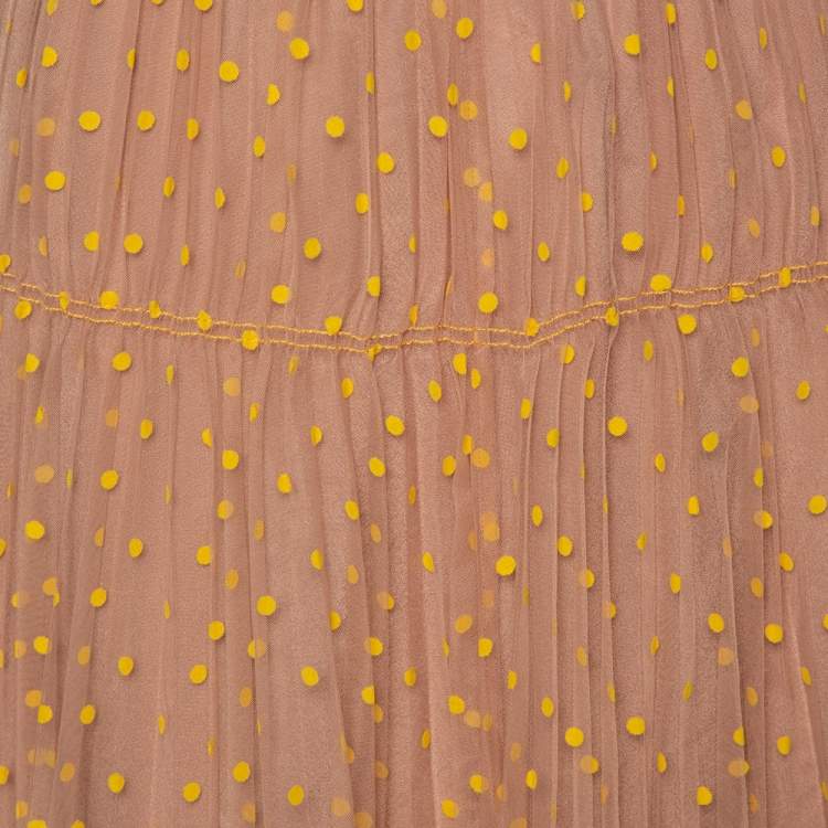 Pre Owned Self Portrait Yellow & Beige Tulle Polka Dot Midi Skirt S