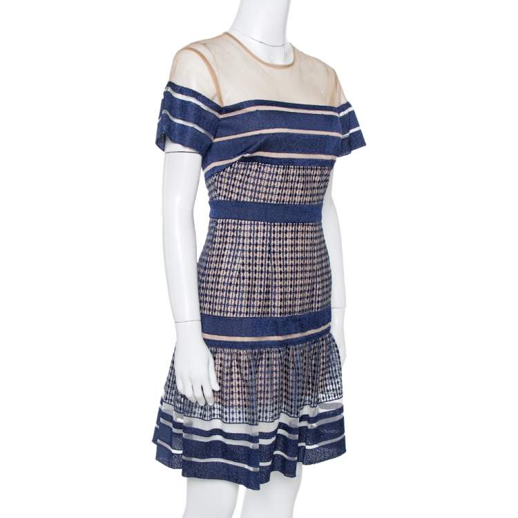 Self Portrait Navy Blue Striped Mesh Peplum Dress S Self Portrait TLC