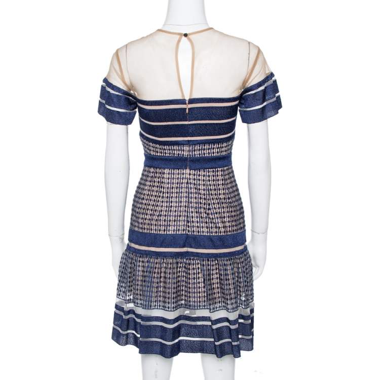 م�ملوكة مسبقًا Self Portrait Navy Blue Striped Mesh Peplum Dress S