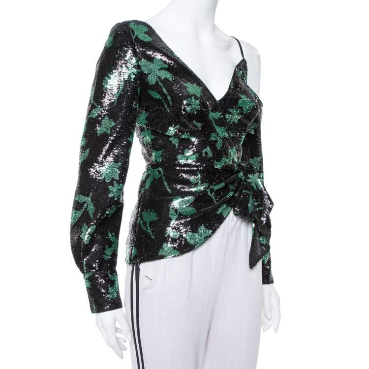 Pre Owned Self Portrait Black Leaf Sequin Wrap Top S