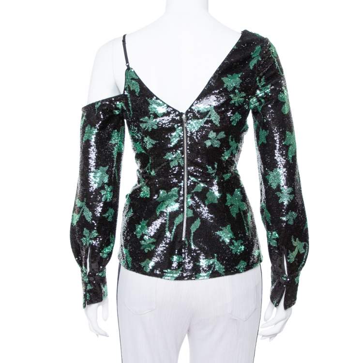 Pre Owned Self Portrait Black Leaf Sequin Wrap Top S