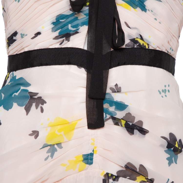 مملوكة مسبقًا Self-Portrait Pink Floral Printed Chiffon Front Tie Detail Cold Shoulder Maxi Dress M