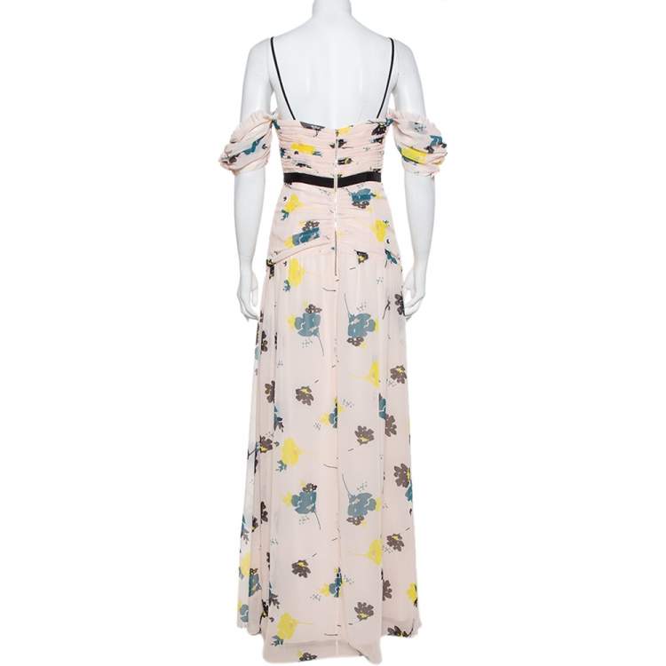مملوكة مسبقًا Self-Portrait Pink Floral Printed Chiffon Front Tie Detail Cold Shoulder Maxi Dress M