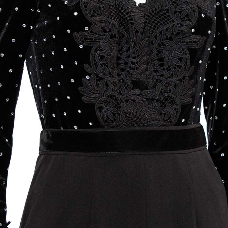 Pre Owned Self-Portrait Black Velvet & Crepe Stone Embellished Paneled Jumpsuit S