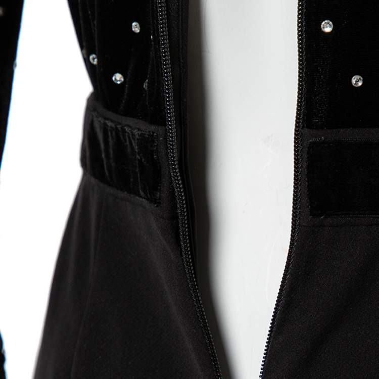 Pre Owned Self-Portrait Black Velvet & Crepe Stone Embellished Paneled Jumpsuit S