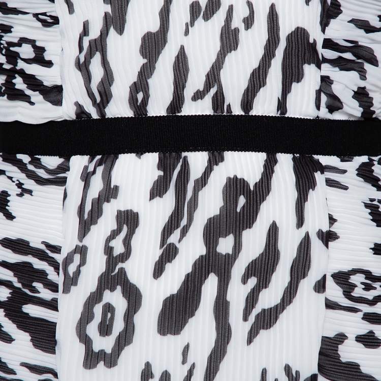 Pre Owned Self-Portrait Monochrome Leopard Printed Plisse Chiffon Sleeveless Mini Dress S