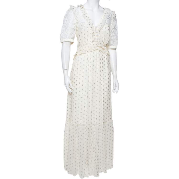 Pre Owned Self Portrait Cream Fil Coupe & Lace Ruffle Detail Maxi Dress L
