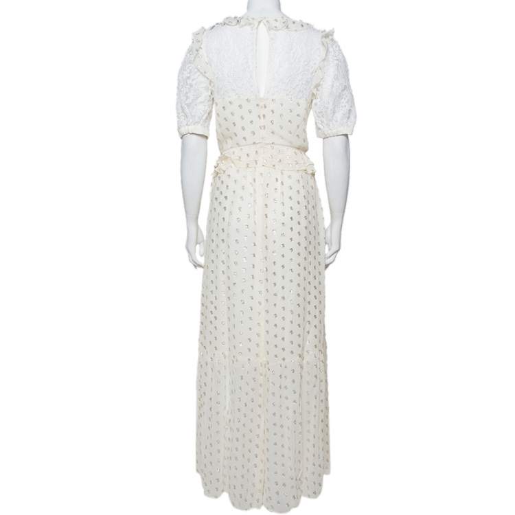 Pre Owned Self Portrait Cream Fil Coupe & Lace Ruffle Detail Maxi Dress L