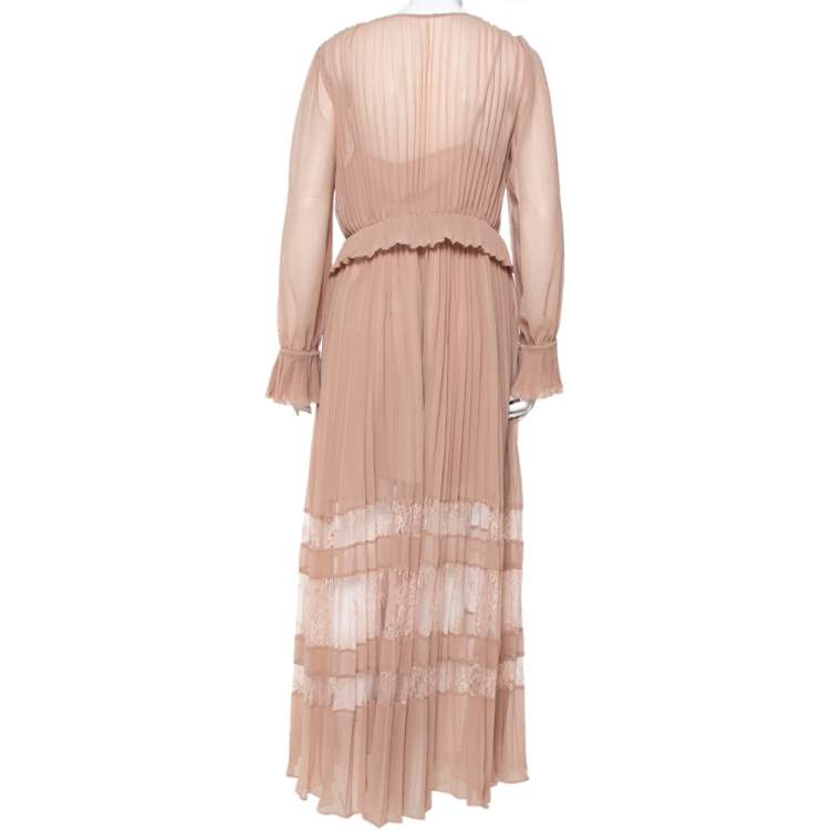 Pre Owned Self Portrait Nude Pink Chiffon Pleated  Lace Trim Detail Maxi Dress M