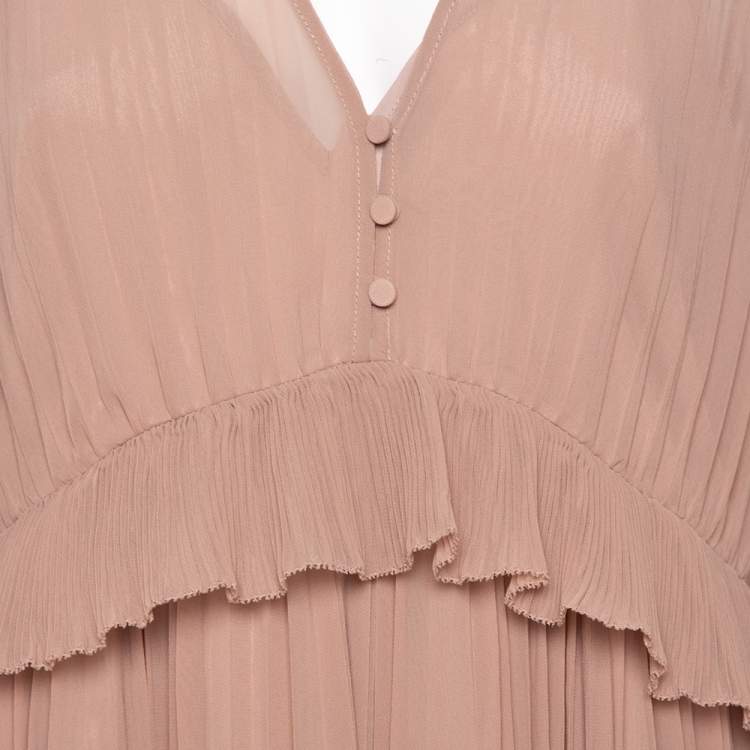 Pre Owned Self Portrait Nude Pink Chiffon Pleated  Lace Trim Detail Maxi Dress M