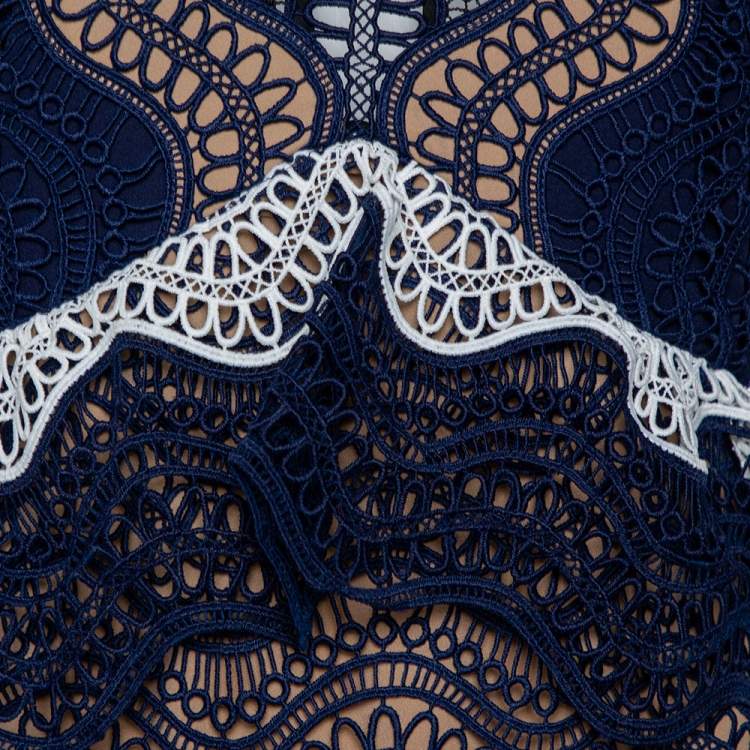 Pre Owned Self Portrait Navy Blue Wave Guipure Lace Ruffled Mini Dress M