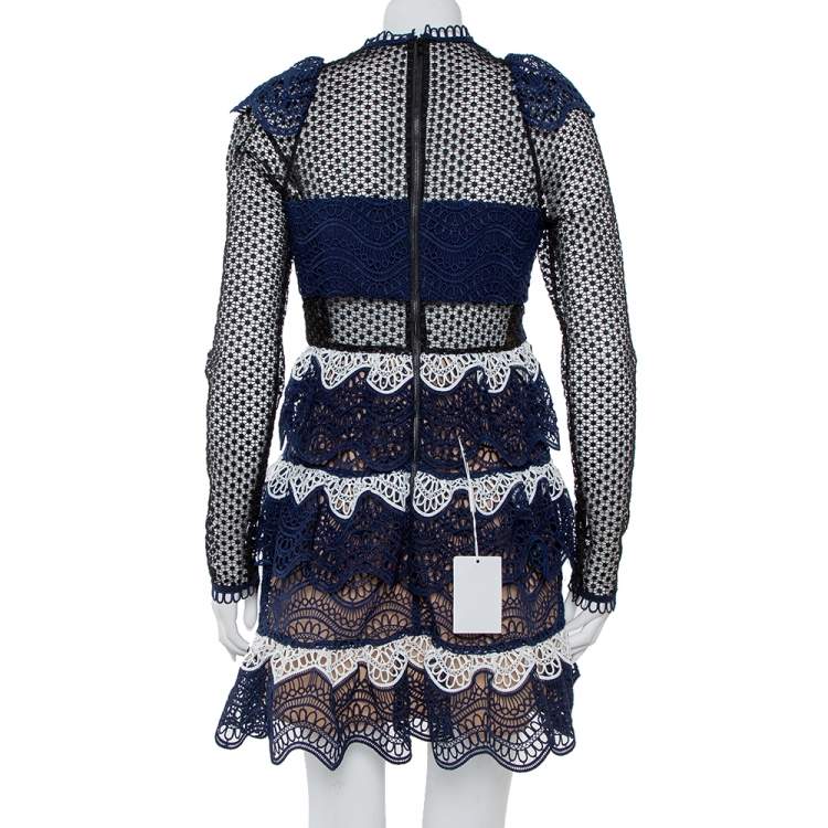 Pre Owned Self Portrait Navy Blue Wave Guipure Lace Ruffled Mini Dress M