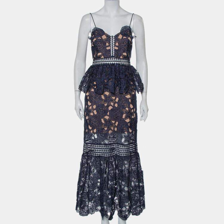 Pre Owned Self Portrait Navy Blue Lace Ruffled Amaryllis Sheer Column Dress M