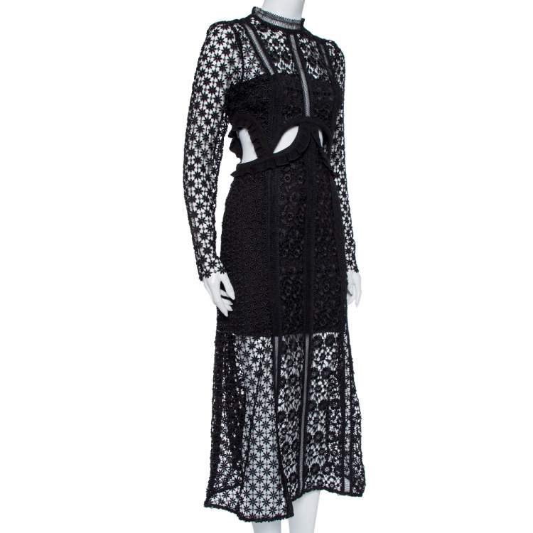 Pre Owned Self Portrait Black Guipure Lace Cutout Detail Maxi Dress M