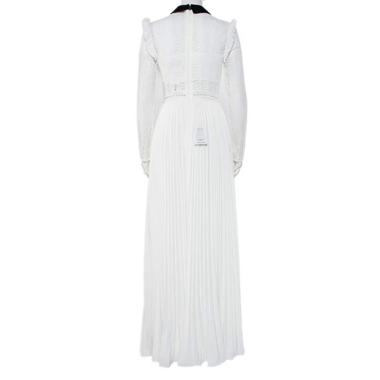 Pre Owned Self Portrait White Lace & Pleated Chiffon Paneled Contrast Trim Maxi Dress S