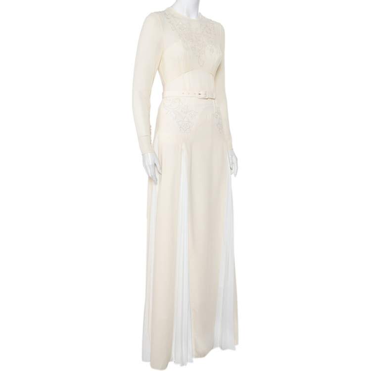 Pre Owned Self Portrait Cream Embroidered Crepe Contrast Paneled Belted Maxi Dress S