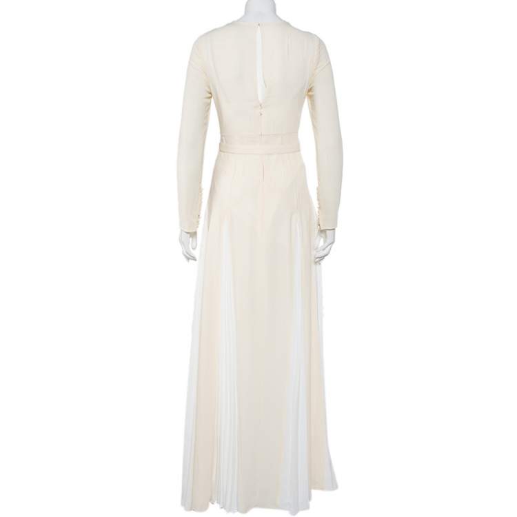 Pre Owned Self Portrait Cream Embroidered Crepe Contrast Paneled Belted Maxi Dress S