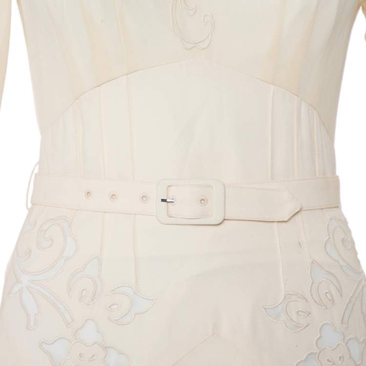 Pre Owned Self Portrait Cream Embroidered Crepe Contrast Paneled Belted Maxi Dress S
