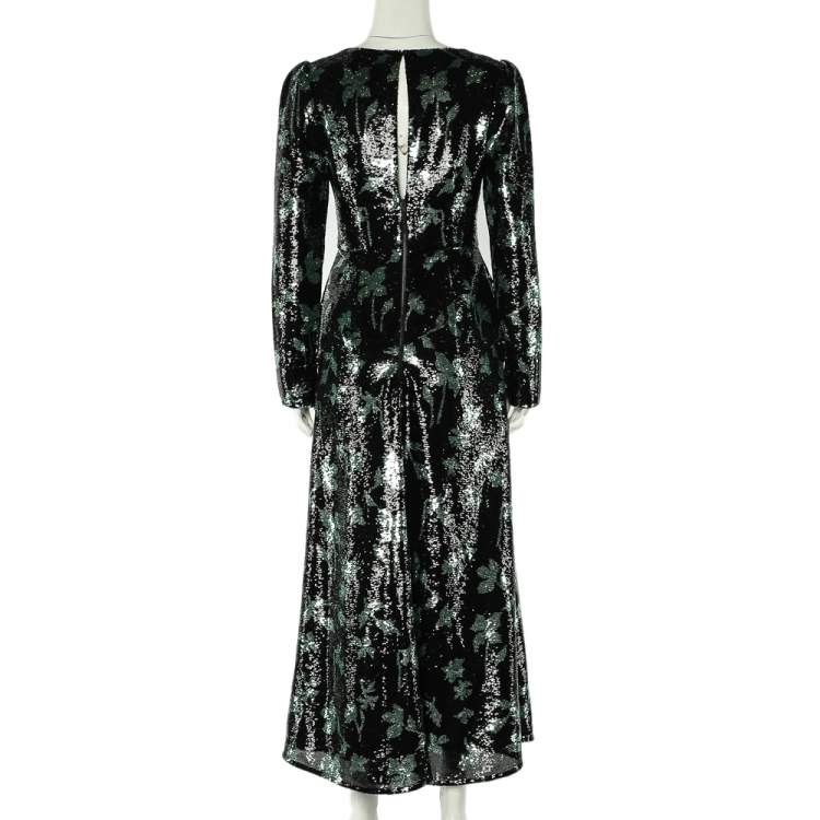 Pre Owned Self Portrait Black & Green Twist Leaf Sequin Embellished Midi Dress S 