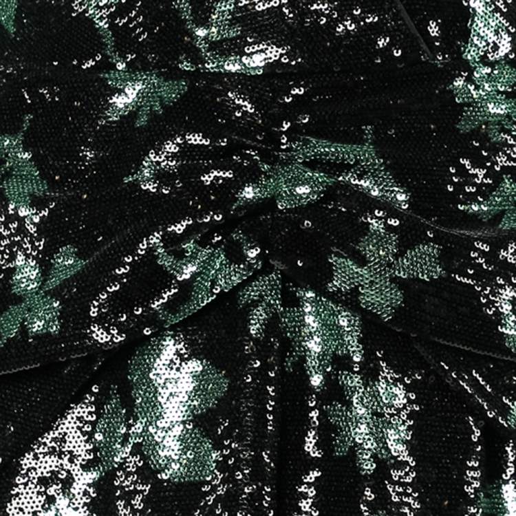 Pre Owned Self Portrait Black & Green Twist Leaf Sequin Embellished Midi Dress S 