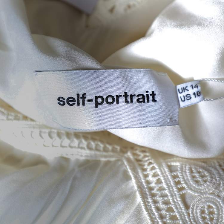 مملوكة مسبقًا Self Portrait Off-White Crepe Lace Trim Pleated Off Shoulder Dress L