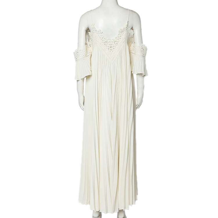 مملوكة مسبقًا Self Portrait Off-White Crepe Lace Trim Pleated Off Shoulder Dress L